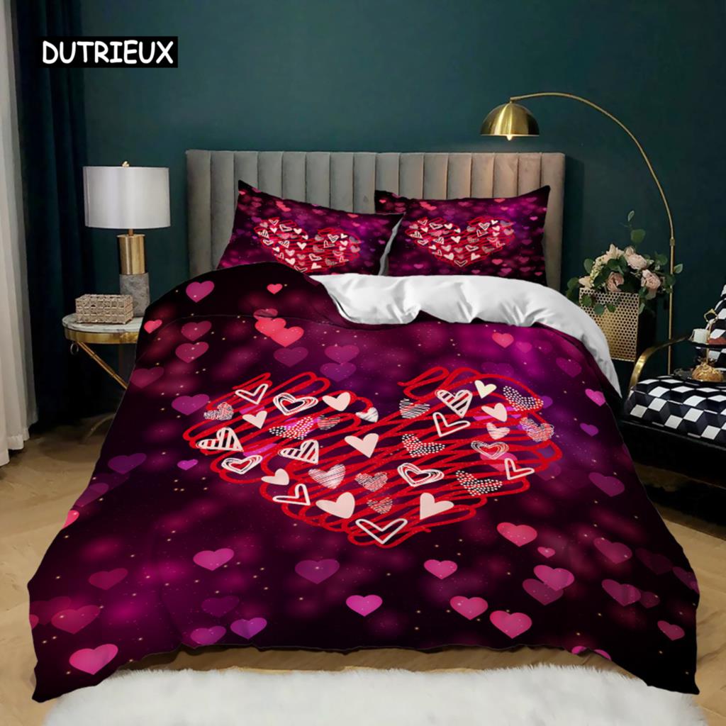 Love Heart Duvet Cover Set Pink Love Heart Bedding Set Valentine's Day Gift Girl Bedroom Microfiber Queen King Size Quilt Cover