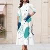Women Plus Size Round Neck Keyhole 3 4 Sleeve Abstract Print White Long Dress