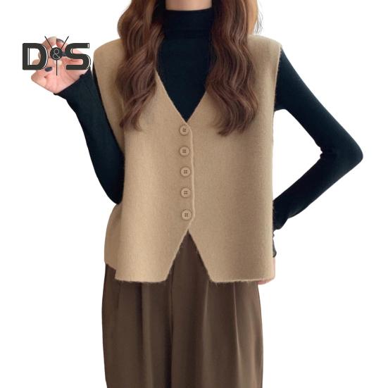 Jesień Zima Damska Kamizelka Dekolt w Serek Zapinana Na Guziki Jednolity Kolor Luźna Dzianina Gruba Utrzymuje Ciepło Bez Rękawów Luźny Sweter Top