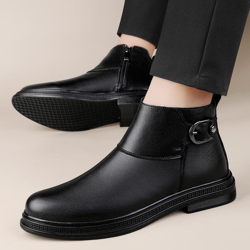 Genuine Leather Mens Business Shoes Comfy Retro Chelsea Ankle Boots High Quality Non-Slip Male Shoes Warm Plush Fur Winter Boots