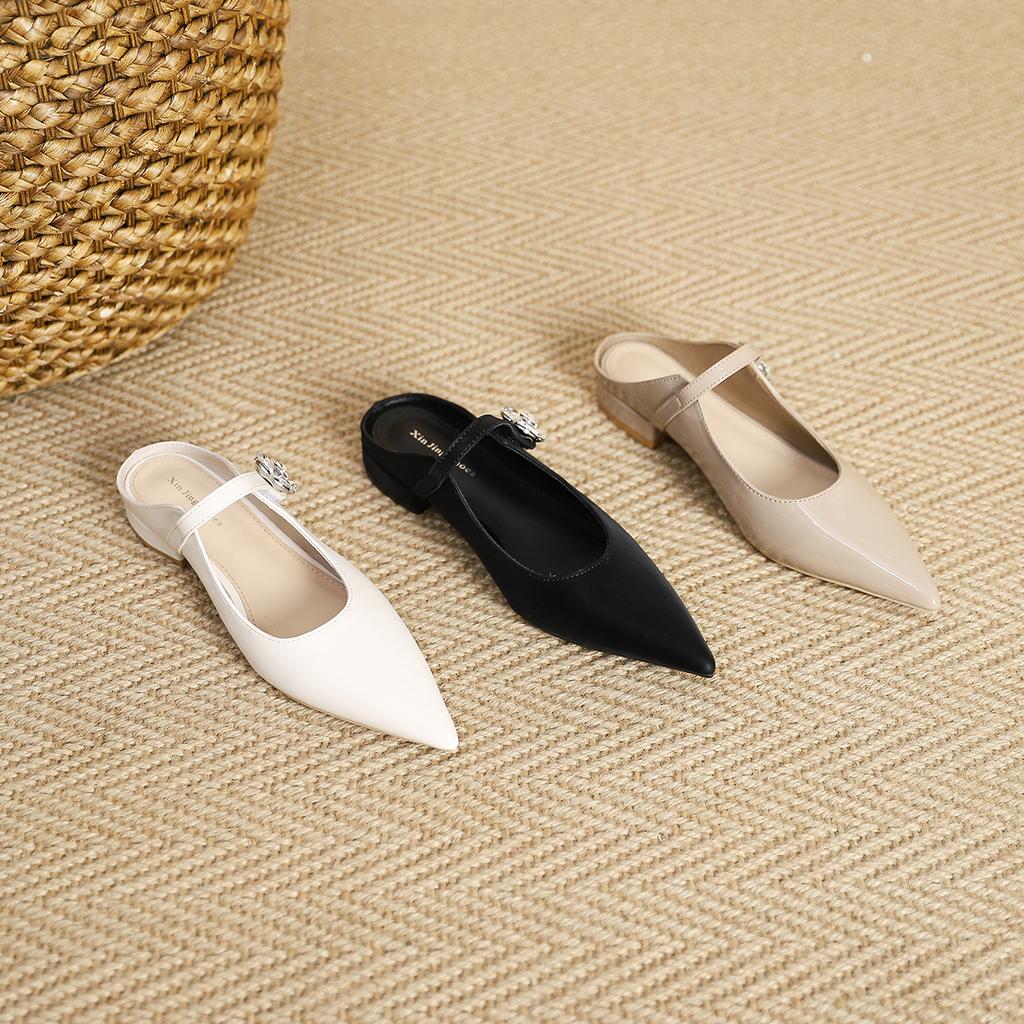 K77-2 Fairy Wind Crystal Flower Buckle Pointed Flat-soled Single Shoes 2025 New One-pedal Low-heeled Single Shoes Women's Shoes