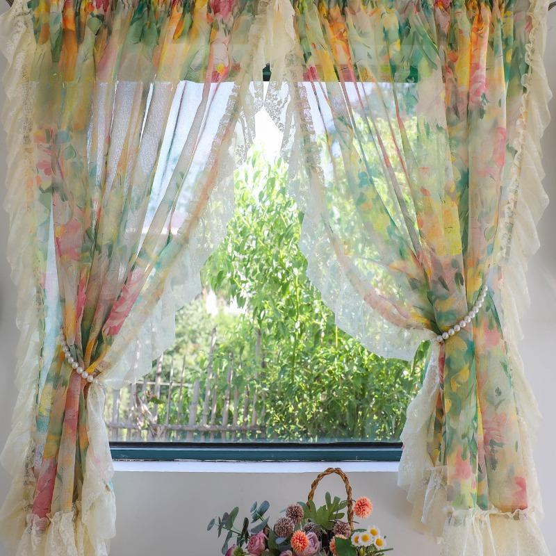 Romantic Floral Sheer Curtains for Girls Bedroom, Vintage Printed Light Filtering Privacy Semi-Sheer Sweet Ruffle Edge Curtains 2 Panels, Rod Pocket