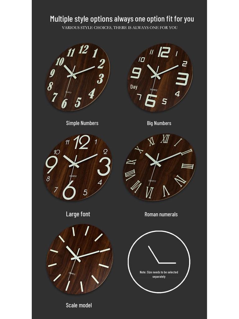12" (30cm) Luminous Wooden Clock: Minimalist Silent Wall Clock for Living Room Decor