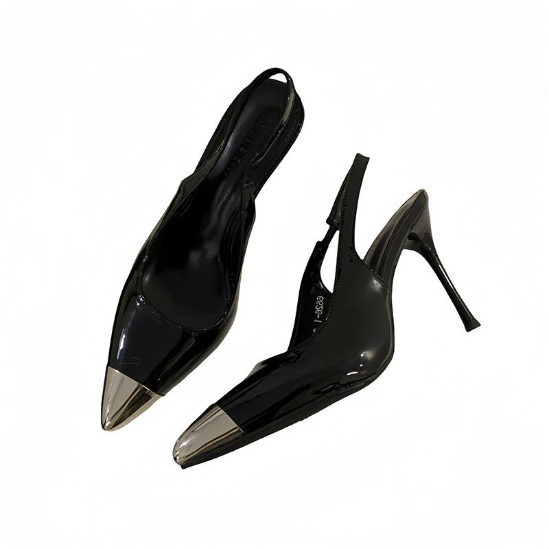 Park Caiying svart veske hode tynne hæler sandaler metall spiss sexy lakkskinn bak tom 10cm høy hæl enkeltsko kvinner