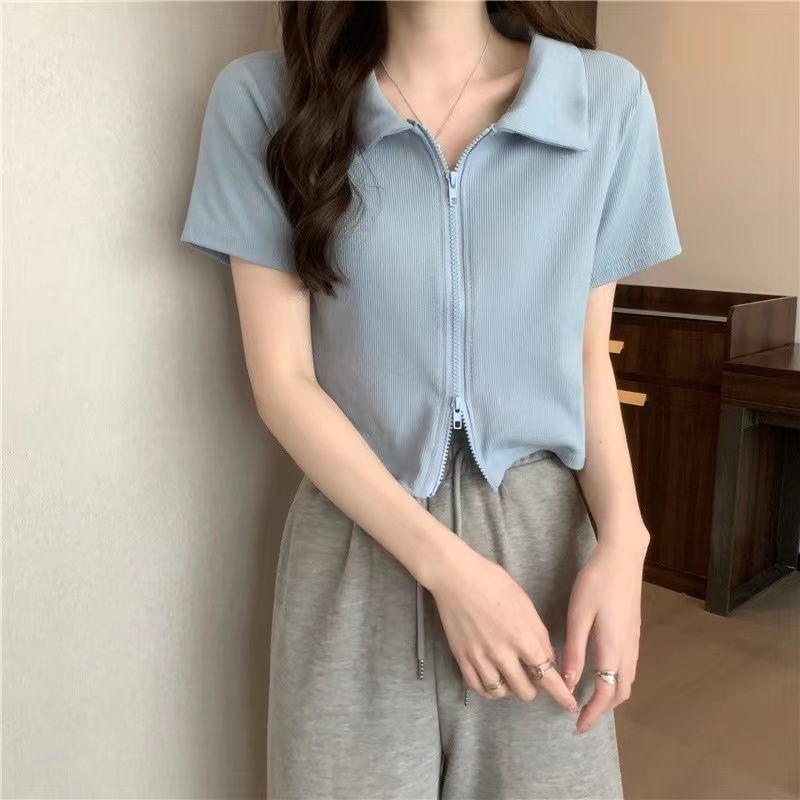 American Hot Girl Polo Neck Short-sleeved T-shirt for Women Summer Design Double-head Zipper Niche Slim Fit Short Top