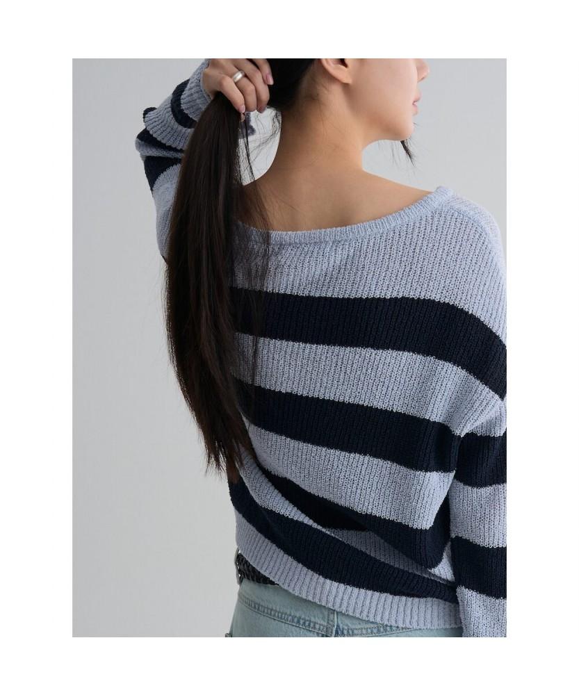 8SECONDS Loose Fit Striped Boat Neck Pullover Blue