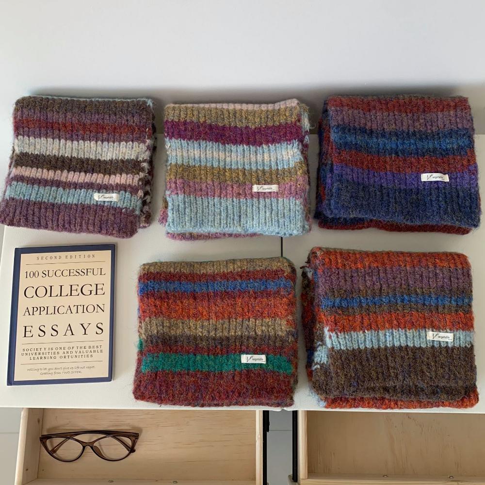 Retro Contrast Color Striped Scarf Wool Knitting Scarf For Women Autumn Winter Warm Cold-Proof Scarf Versatile Student Muffler