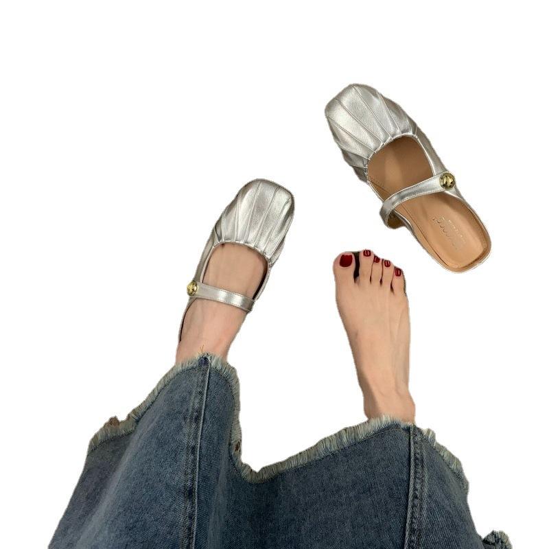 Silver Flat-bottomed Bag Head Half Slippers Outer Wear 2025 Summer New Mother Mary Jane Muller Women Sandals Single Shoes