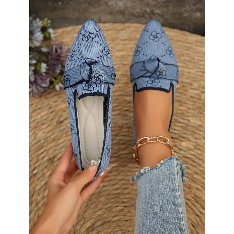 Skinny pointed large size flat single shoes women, fashionable flying weaving one pedal bow casual breathable color matching single