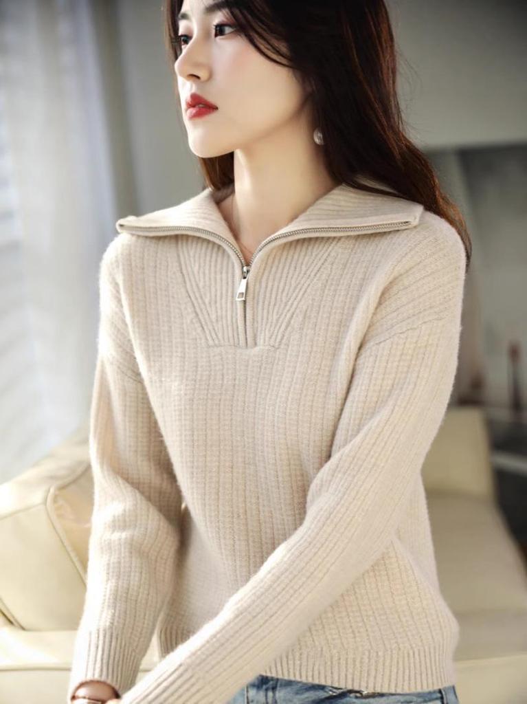 Women's Wool Lapel Cardigan - 2025 Autumn/Winter Half-Zip Knit Pullover Sweater