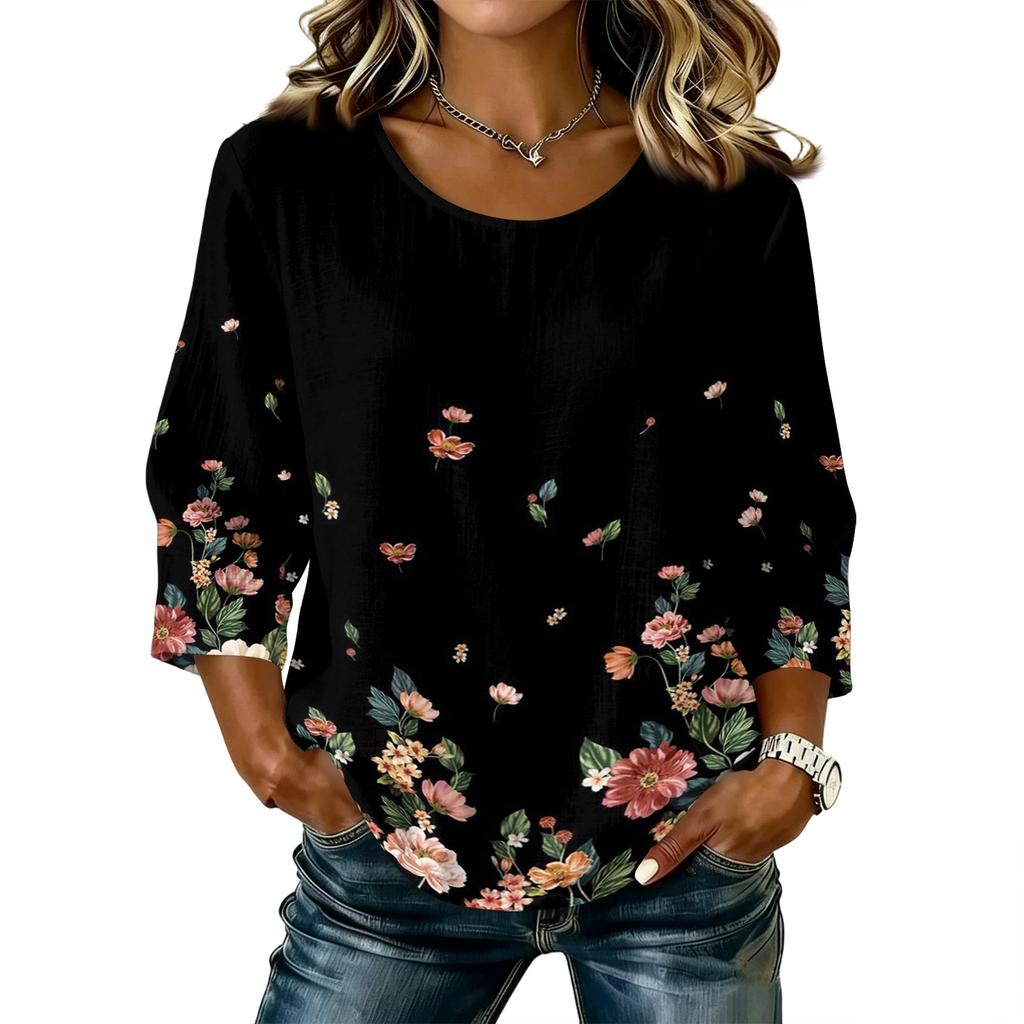 Damen Freizeitbluse mit Blumenprint, Rundhalsausschnitt, Dreiviertelärmel, Leinen-Baumwollmischung, Lockerer Schnitt, Leichtes Oberteil für den Alltag