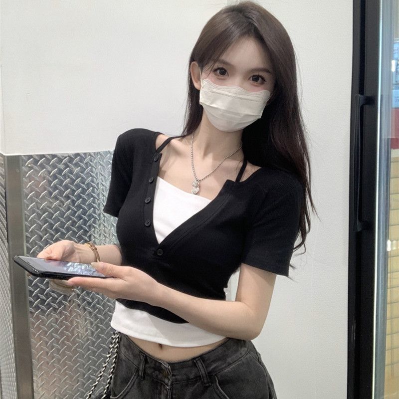 Women's Short Sleeved T-shirt Fake Two-piece Summer New Slim Fit Pure Desire Style Short Cropped Top