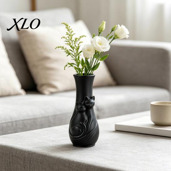 Modern Minimalist Home Decor Couple Cats Vase, Plastic Snuggling Cat Flower Vase for Home, Dried Arrangement Holder Desk, Shelf Decor, Tabletop Floral
