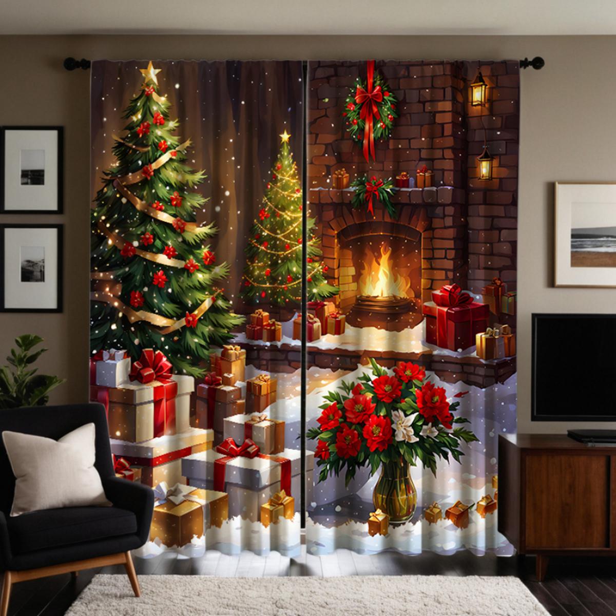 

2 шт. HD Рождественский камин Цветочный подарок Рождественская елка украшение занавеска Зеленая завязка цифровая печать занавеска Украшение для дома s W52H63inchW132H160cm