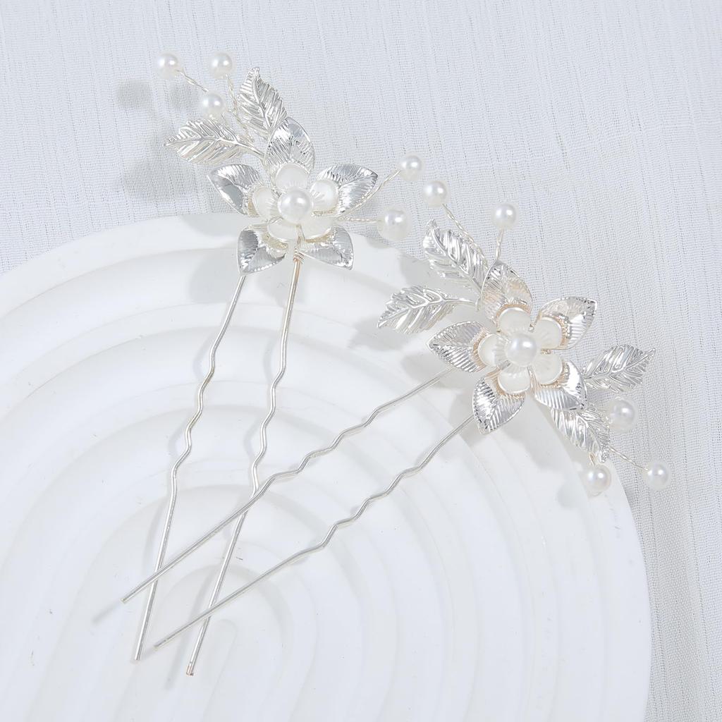 Haodeliy Hair Ornament Hair Accessory Comb U Pin Set Leaves Flower Motif Bride Hairpin Headdress Handmade Wedding Headdress Hair Ornament Flower