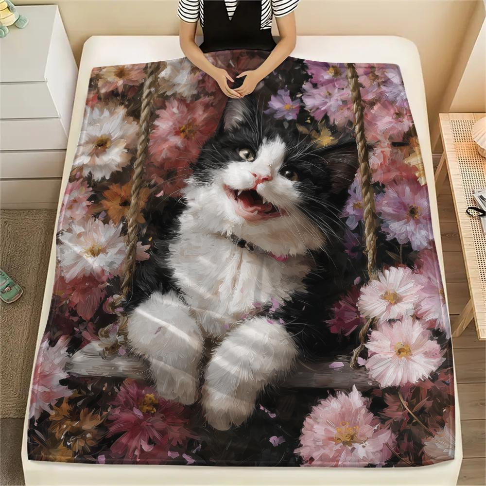 Calico Cat and Flowers,pattern Flannel Blanket, High quality Comfortable for All Seasons, Home Decor, Warmth and Comfort, Perfect for Gifts.