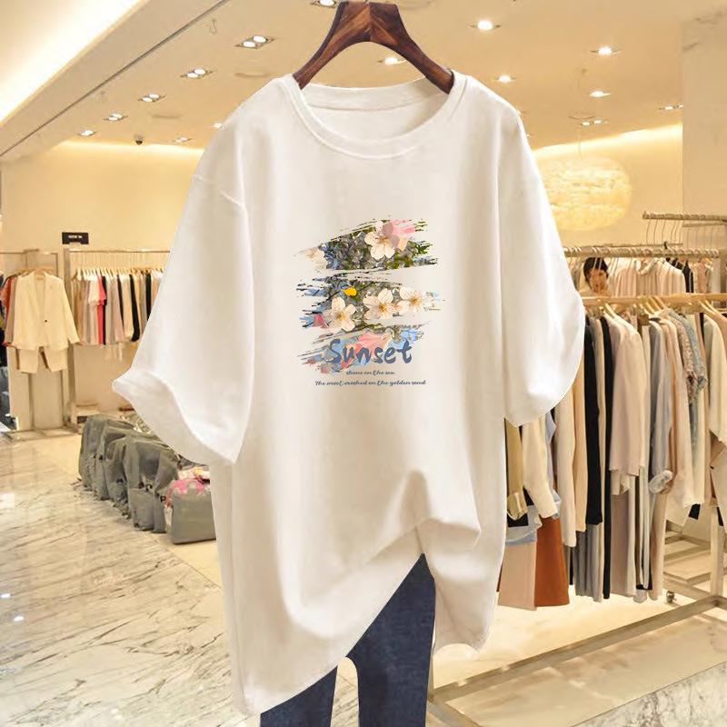 Women's 2025 Pure Cotton White Short-Sleeve Loose Mid-Length Plus Size Fashionable Tee