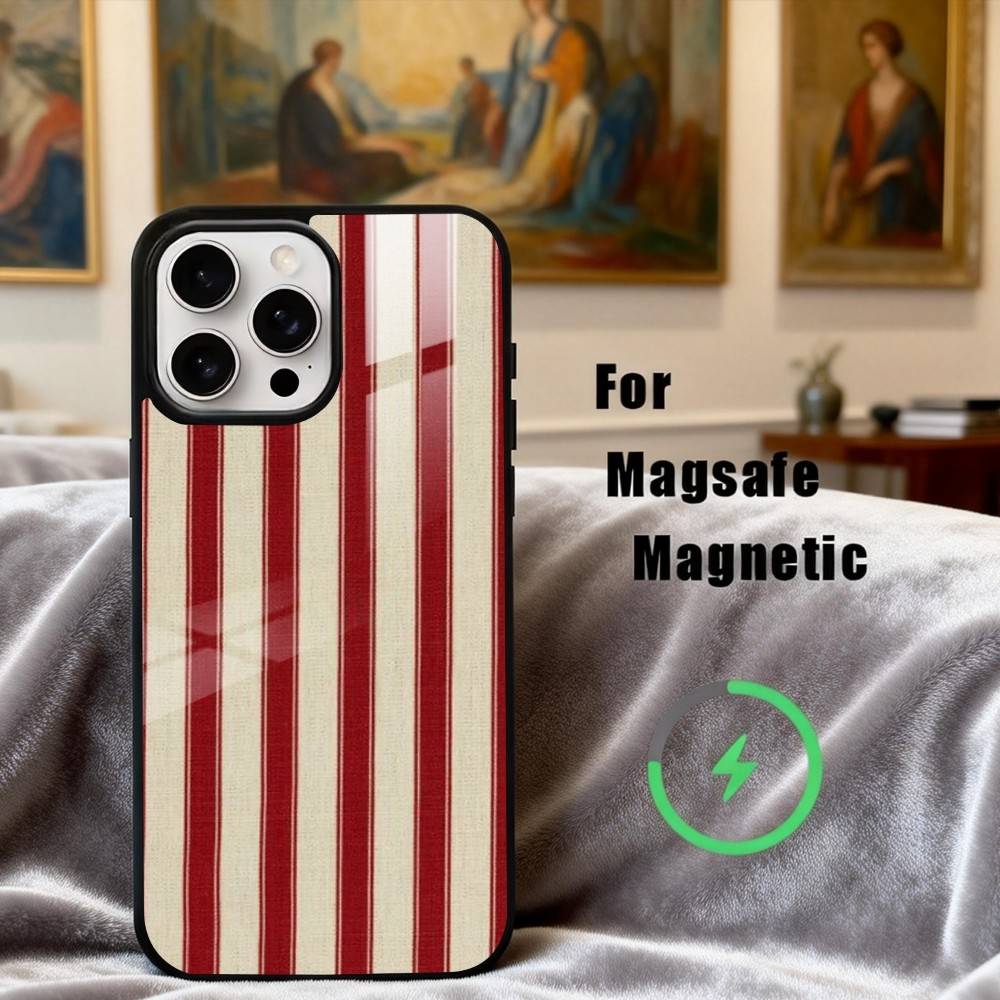 B-Burgundy W-White Stripe Phone Case For iPhone17,16,15,14,13,12,11 Plus,Pro Max Magnetic For Magsafe Wireless Charging