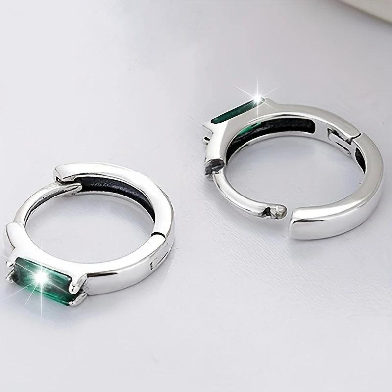 Single Baguette Cut Green Cubic Zirconia Tiny Hoop Earrings Silver Tone Four Prong Setting Minimalist Ladies Casual Accessories