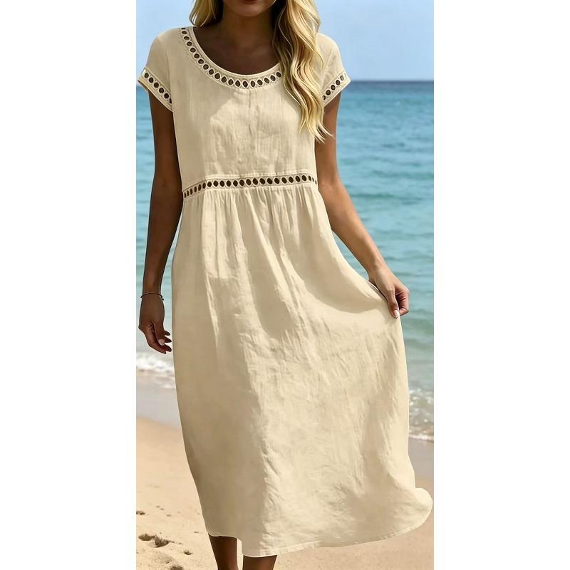 JPNTKY Fashion Summer Spring  Solid Color Print O-Neck Short Sleeve Casual Dresses