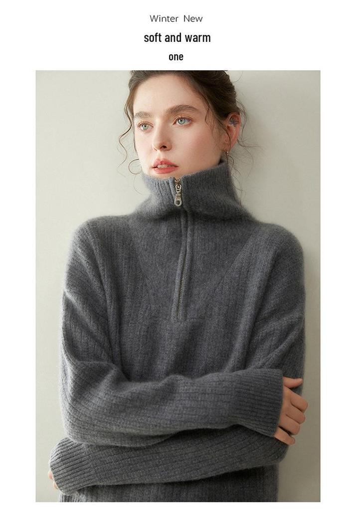 Women's Cashmere Stand Collar Zipper Sweater - Loose Fit Pullover & Cardigan