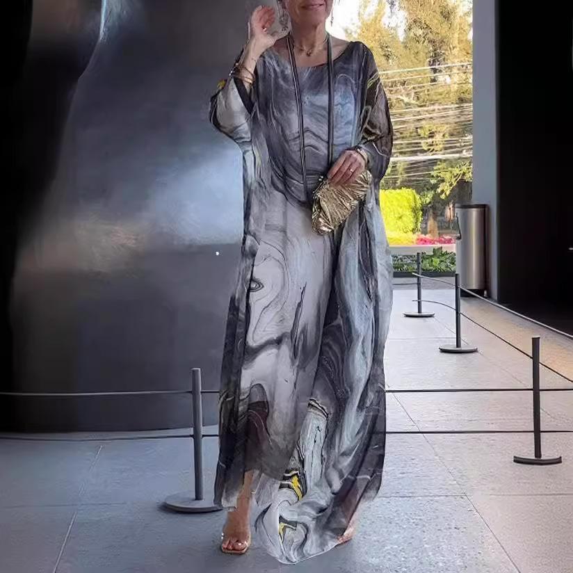 Damen O-Ausschnitt Fledermausärmel Lockerer Schnitt Chiffon Maxikleid Marmorprint Elegant Lässig Sommer Strand Langes Kleid Kaftan Abaya