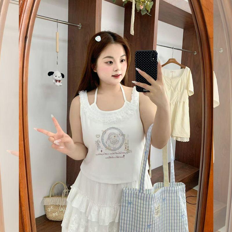 Plus-Size Women's Clothing: Stylish Lace Bow Shirt and Halter Neck Printed Strap Cake Dress Set