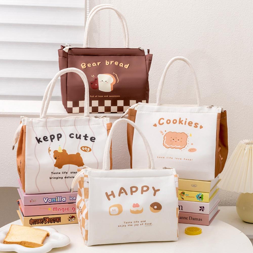 Cute Cartoon Bear Canvas Tote Food Bag Women Kawaii Portable Mini Handbags Thermal Lunch Box Cloth Picnic Travel Storage Bags
