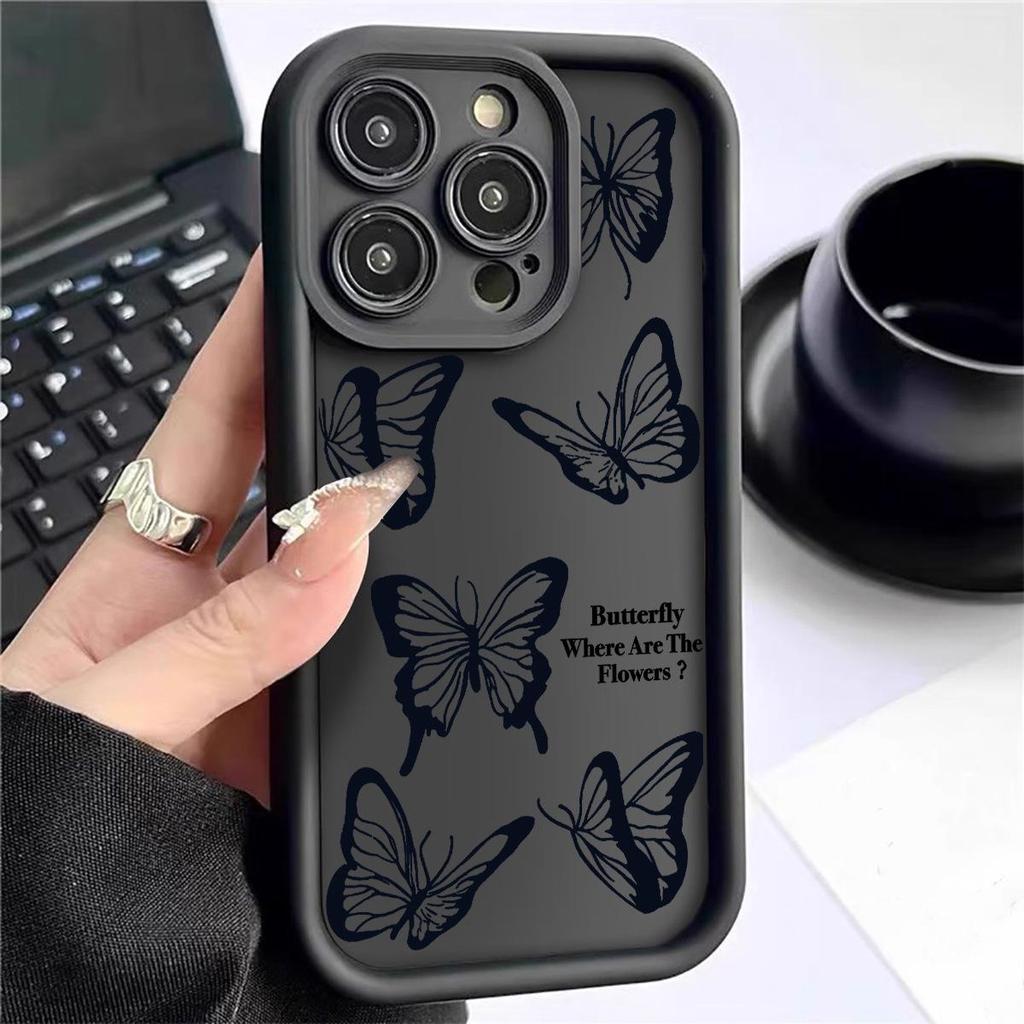 Black Butterfly Diamond Sand iPhone 15/16/17 Case with Eye Pattern Protection