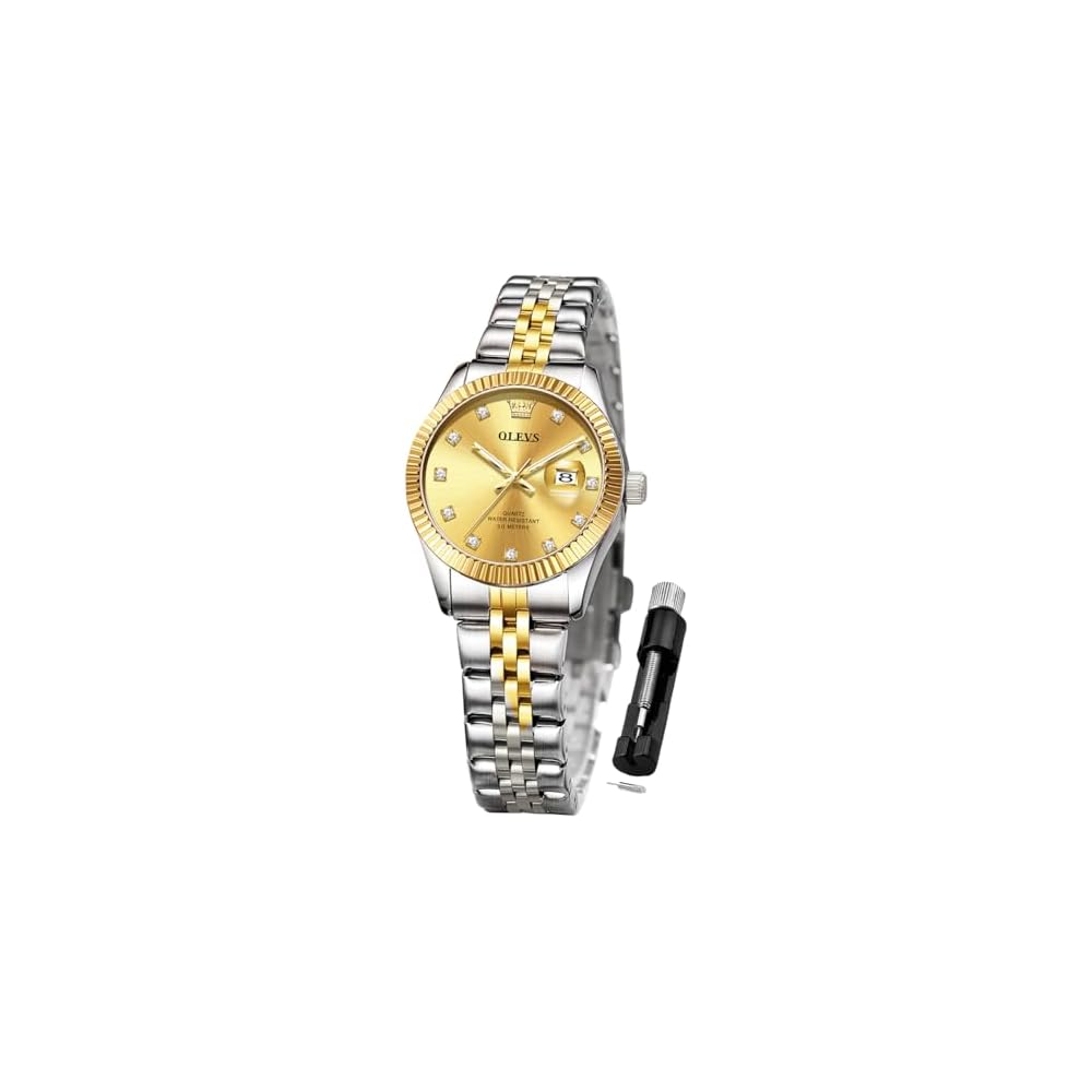 OLEVS Women s Business Dress Watch Gold Silver Tone Stainless Steel Band Analog Quartz Day Date Waterproof Women s Watch