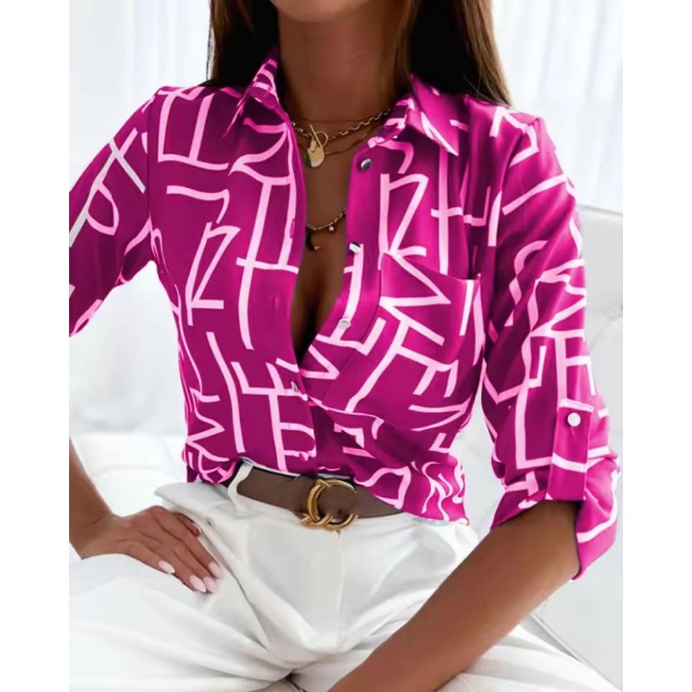 Women Print V-Neck Button Long Sleeve Shirt Loose Casual Holiday Tops Blouse