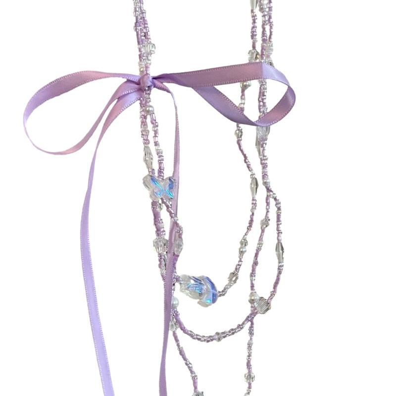 

Crystal Butterfly Necklace Adjustable Ribbon Rope Clavicle Chain Beaded Necklace Fashion Jewelry for Women Girl Teen 1