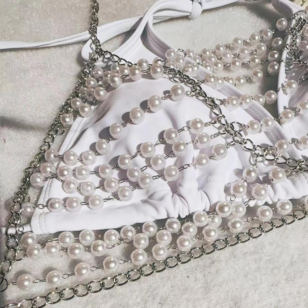 New Pearl Chain Neck Strap Bikini Sexy Swimsuit White Women'S Swimsuit Premium