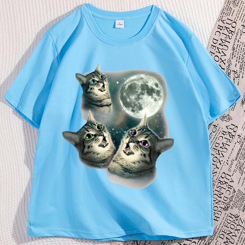 Three Cat Moon T Shirt Man Cotton Short Sleeve Funny Cat Parody Tshirt Wolf Moon Cat Cute Kitten Tshirt Male Clothes Tops