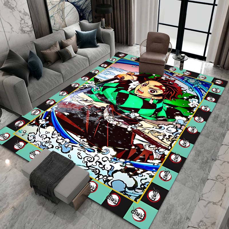 Cute cartoon Kimetsu no Yaiba rug, suitable for playrooms, bedrooms, living rooms, sofas, and other home décor; non-slip rug for