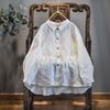 Chemises et Hauts Brodés en Lin pour Femmes Col Revers Bouton Automne Original Vintage Femme Ample Blouse