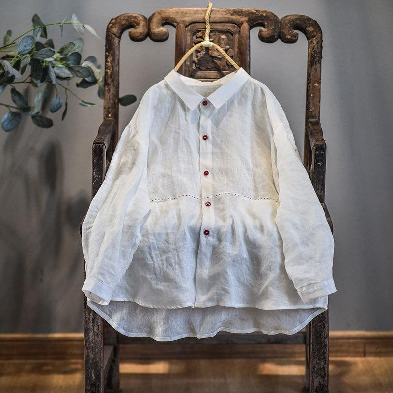 

Женские льняные рубашки и топы с вышивкой на четыре сезона, с отложным воротником, на пуговицах, винтажные, женские, свободные блузки One Size белый