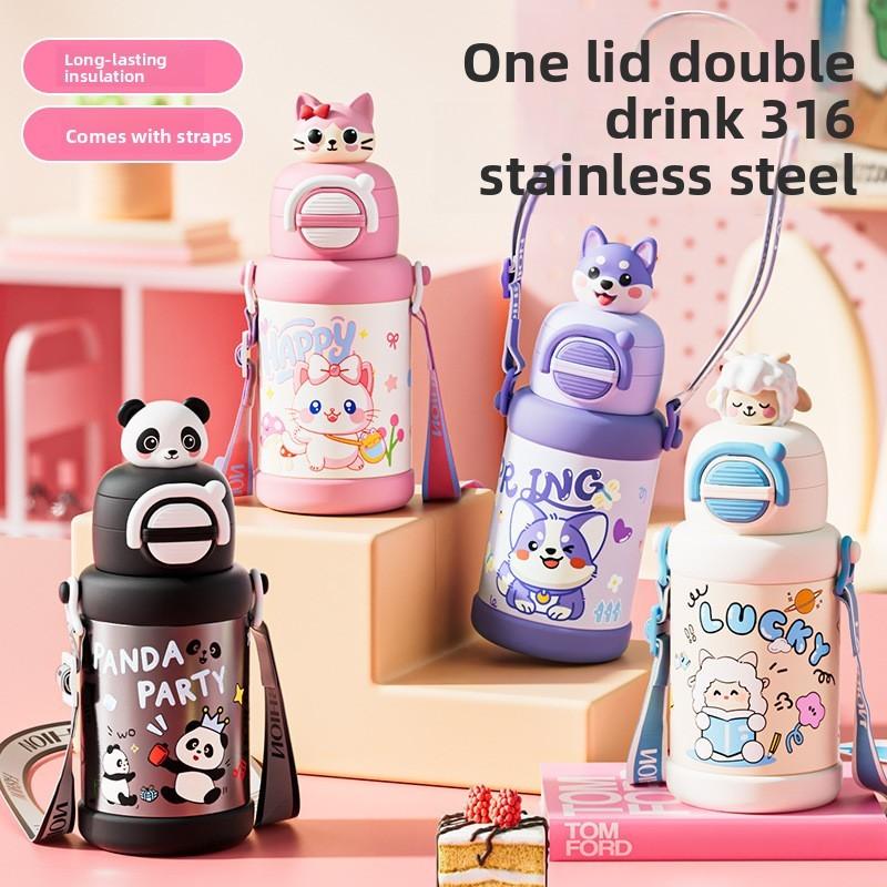 Cartoon Pattern Cat Children Vacuum Flask With Carry Strap For School And Travel