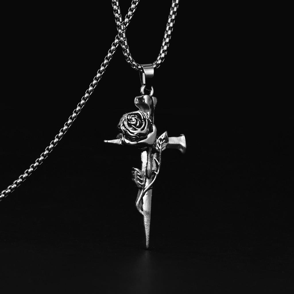 Long Stylish Chain Necklace With Unique Rose Cross Alloy Pendant For Trendsetters