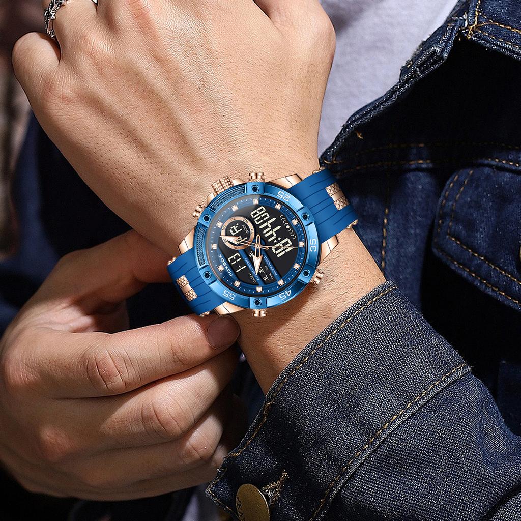 FOXBOX Top Luxury Quartz Wrist Watch For Men Business Steel Waterproof Sports Dual Display Military LED Digital Watches+Box