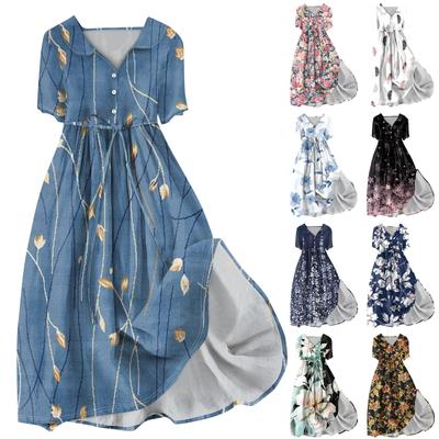 Moda damei ocazional imprimat rever guler buton maneca scurta imbracaminte bretele rochie