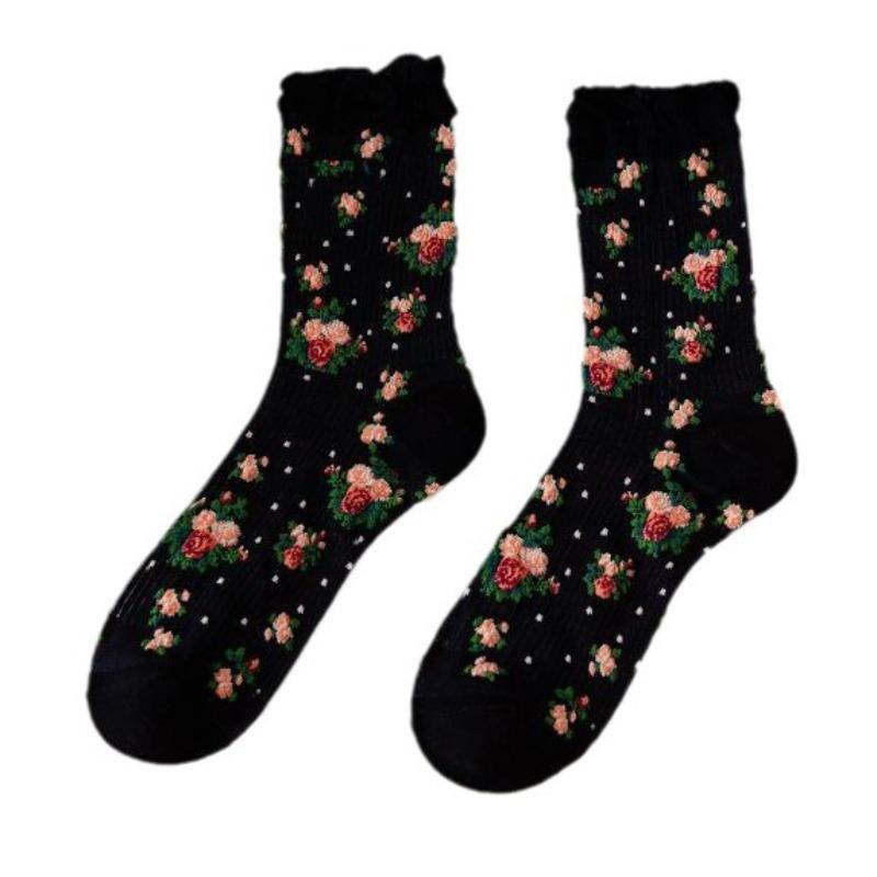 Women's Spring and Summer Thin Mid-calf Socks, Retro Floral Pile Socks, Lace Transparent Glass Fiber Socks