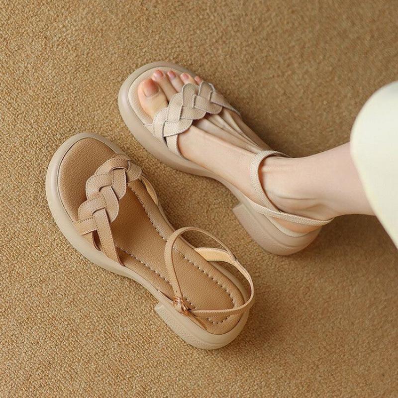 

Leather soft sole French retro woven word with open toe summer sandals women s platform Roman shoes Korean version with skirt 35 бежевий