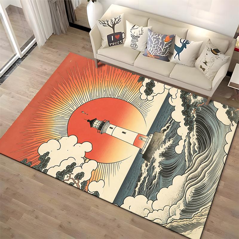 Lighthouse Sunrise Scene Carpet with Ocean Waves and Cloud Design Suitable for use as an anti-slip for living room bedroom sofas