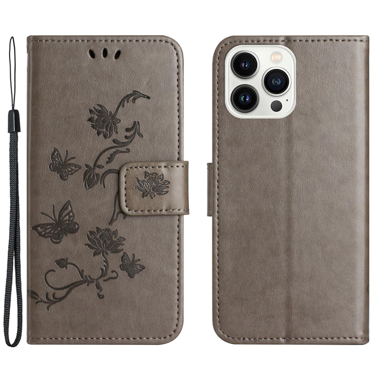 

For iPhone 15 Pro Max Scratch Proof PU Leather Wallet Phone Case Butterfly Flower Imprinted Stand Cover Grey