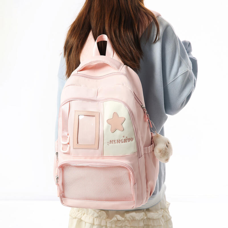 Cute Nylon Backpack for Women – Star Patch Design School Bag with Front Pocket for Everyday Use