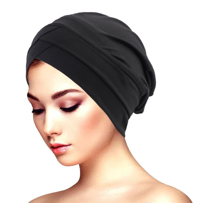 New Classic Forehead Cross Turban Hat Elegant Solid Color Head Wraps Headscarf Breathable Elastic Beanies Muslim Chemo Cap