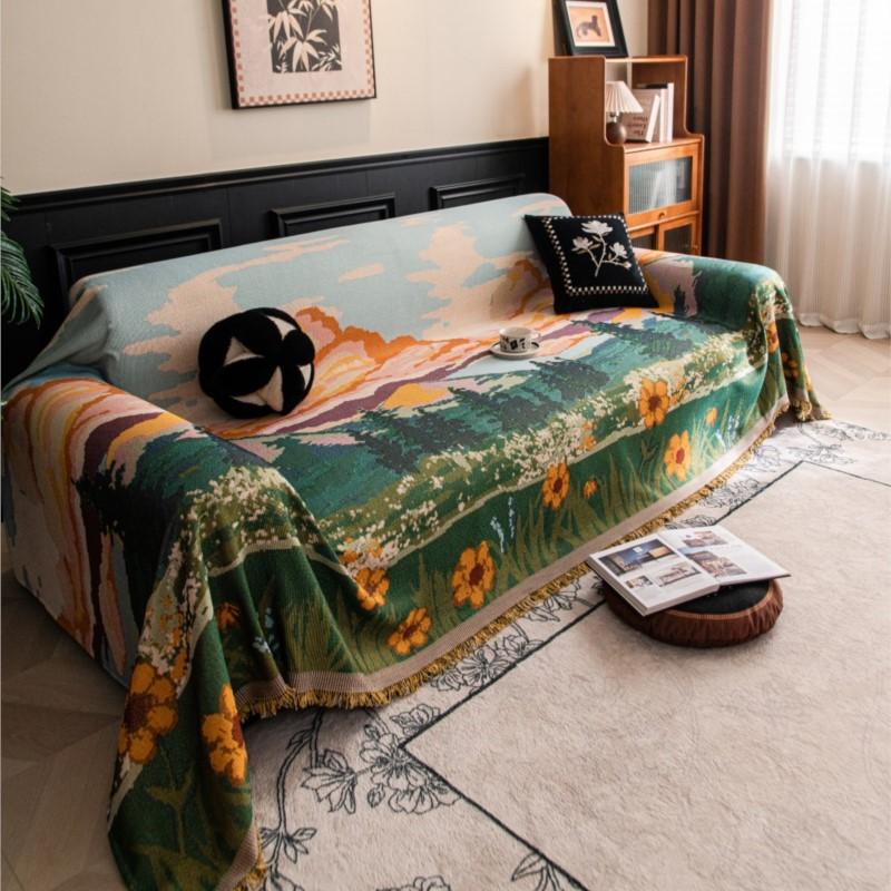 Vintage Tie Dying Sofa Cover Full Coverage Non-Slip Couch Protector All-Season Cotton Linen Stretchable Graffiti Seat Mat 180x130cm