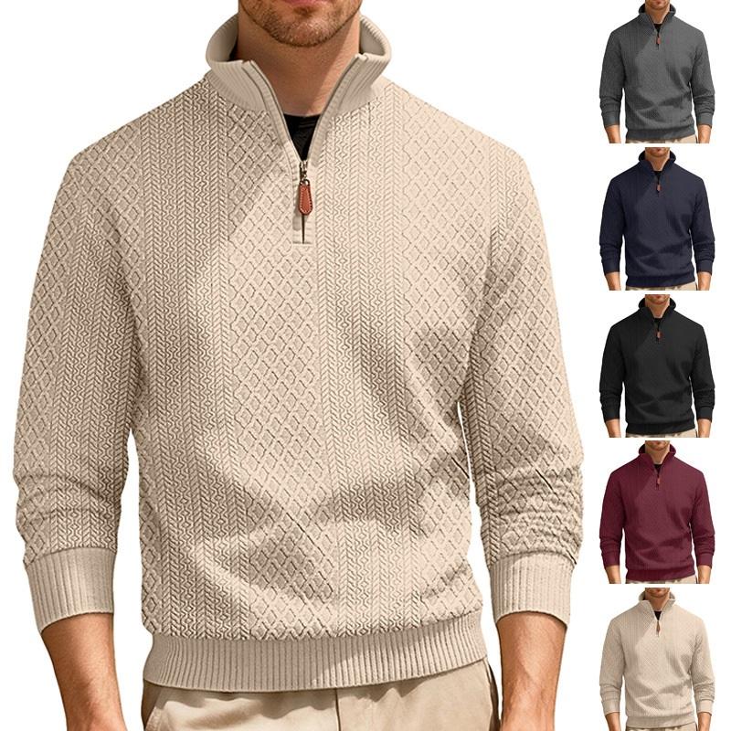 Men's Quarter Zip Pullover Sweater Diamond Jacquard Knit Stand Collar Long Sleeve Casual Sweatshirt For Business & Daily Wear