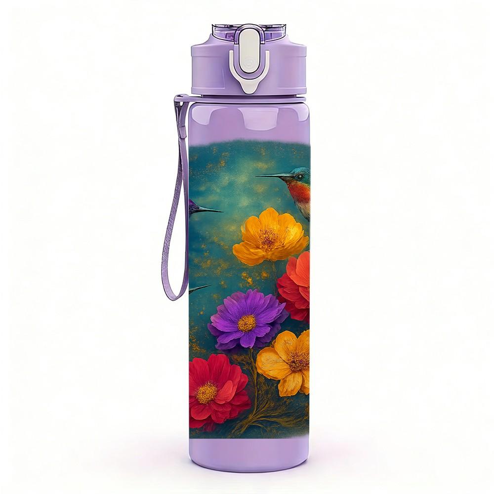 1PC Colorful Round Bouquet Flower Print 750ml Color Plastic Sports Water Bottle Leakproof Flip Straw Lid Suitable for Sports Office Home Use